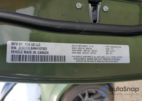 2022 Dodge Charger Srt Hellcat z USA, uszkodzony, nr VIN 2C3CDXL94NH107922